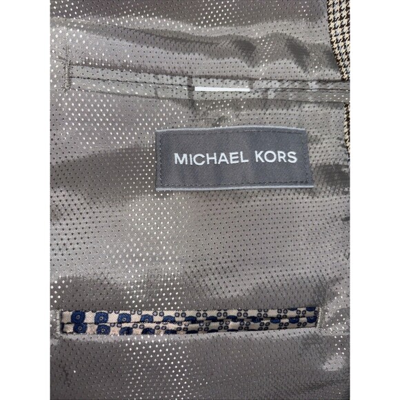 Mens 44L Michael Kors Tan Blue Houndstooth Suit Jacket Sport Coat - Picture 6 of 10